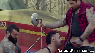 hairy hunk Teddy Torres takes cum from step dad and friend